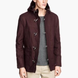 H&M Maroon Red Duffle Toggle Coat Hooded Casual Winter Trench Military